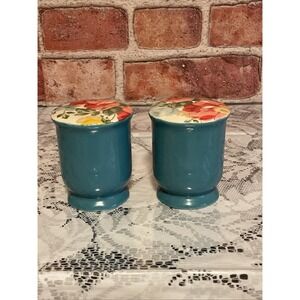 The Pioneer Woman Vintage Floral Stoneware Salt & Pepper Shakers Teal Blue 3"